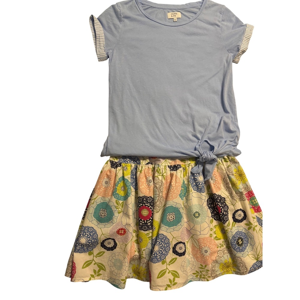 Set of 2 Crown & Ivy Blue Top Striped Sleeves & Cute Floral‎ Skirt Girls Size L